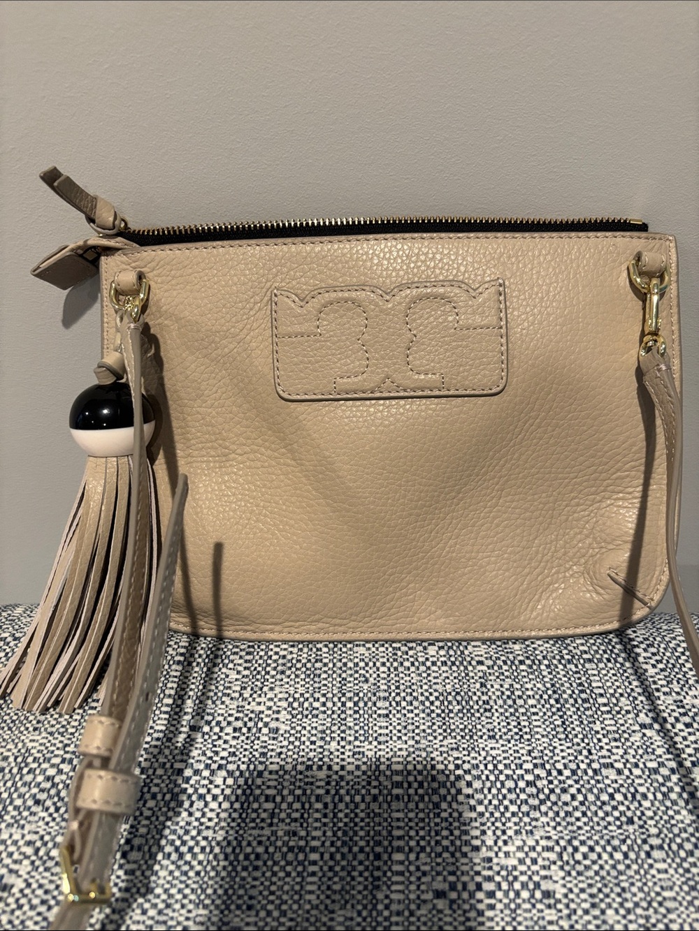 Tory Burch Beige Pebbled Leather Crossbody with Tassel Charm